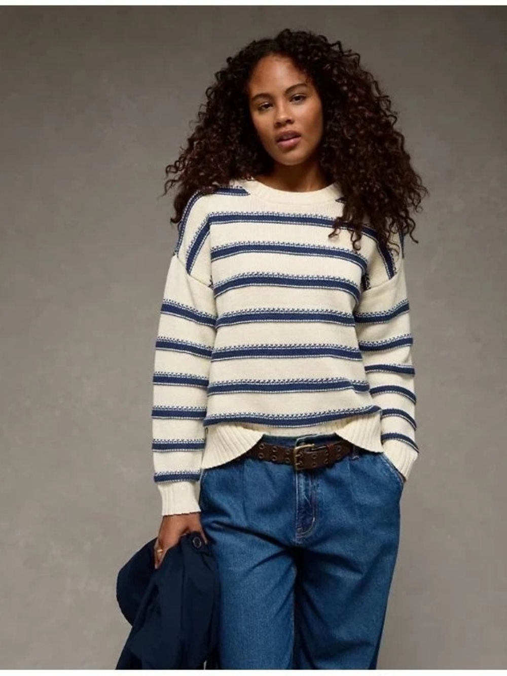 American Eagle Blue Stripe Cotton Blend Crew Neck Slouchy Sweater Knot Women L